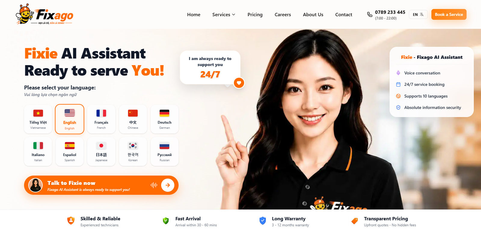 Fixie 24/7 Multilingual AI Customer Service Assistant Interface